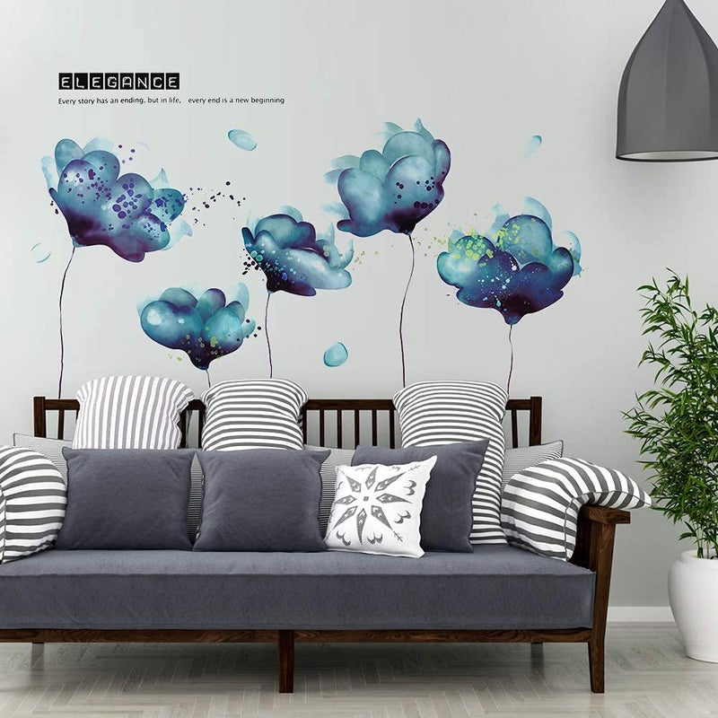 RAINBOW WSK ملصقات حائط زهور زرقاء ثلاثية الأبعاد قابلة للإزالة RW-2003 لتزيين الحائط DIY فن الديكور ملصقات حائط قابلة للتقشير واللصق لغرف نوم الفتيات والأطفال والرضع وغرف المعيشة والمكاتب والحضانات والحمامات وغرف اللعب - Image 4